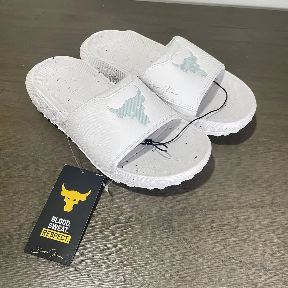 Under Armour Mens Size 7 Slides NEW Project Rock 3 White Halo Grey Womens 8.5